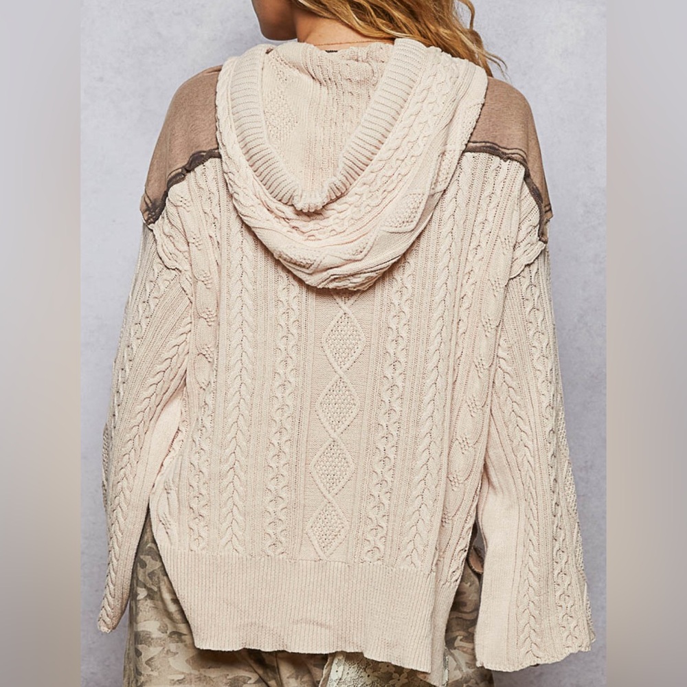 NWT POL Lace Up Front Contrast Cable Knit Hoodie Sweater Pullover Oatmeal - Picture 7 of 7